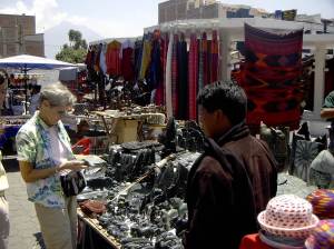 Phyl looking at jade carvings at Otavalo